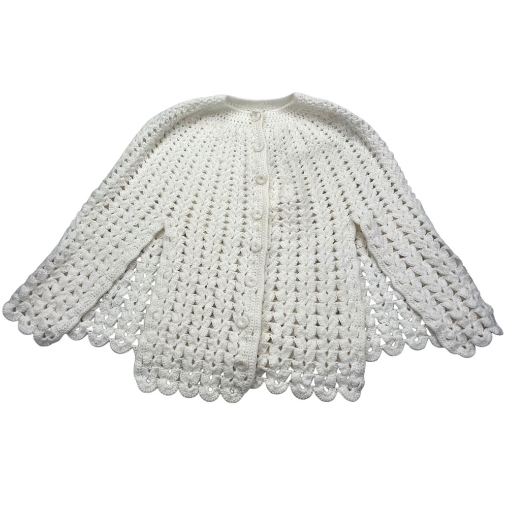 VTG Hand Crochet Capelet Poncho Sweater Cardigan S White Shell Stitch Scalloped